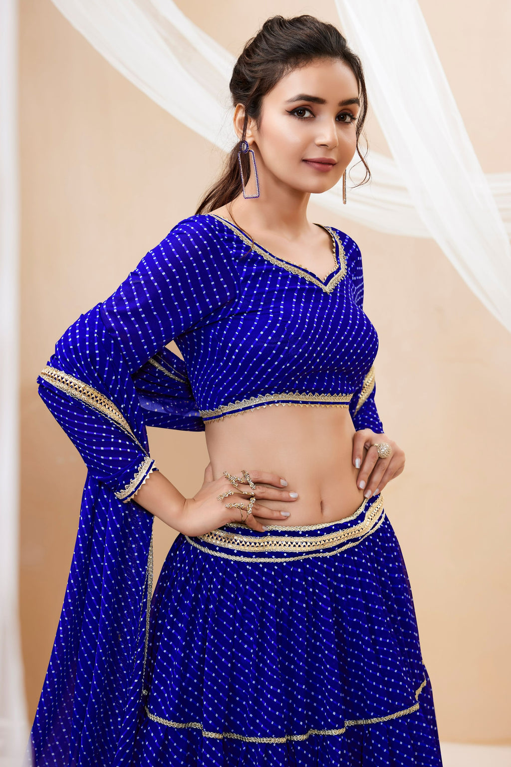 Royal Blue Georgette Full Sleeve Lehenga Choli For Indian & Pakistani Wedding Festival - Print Work