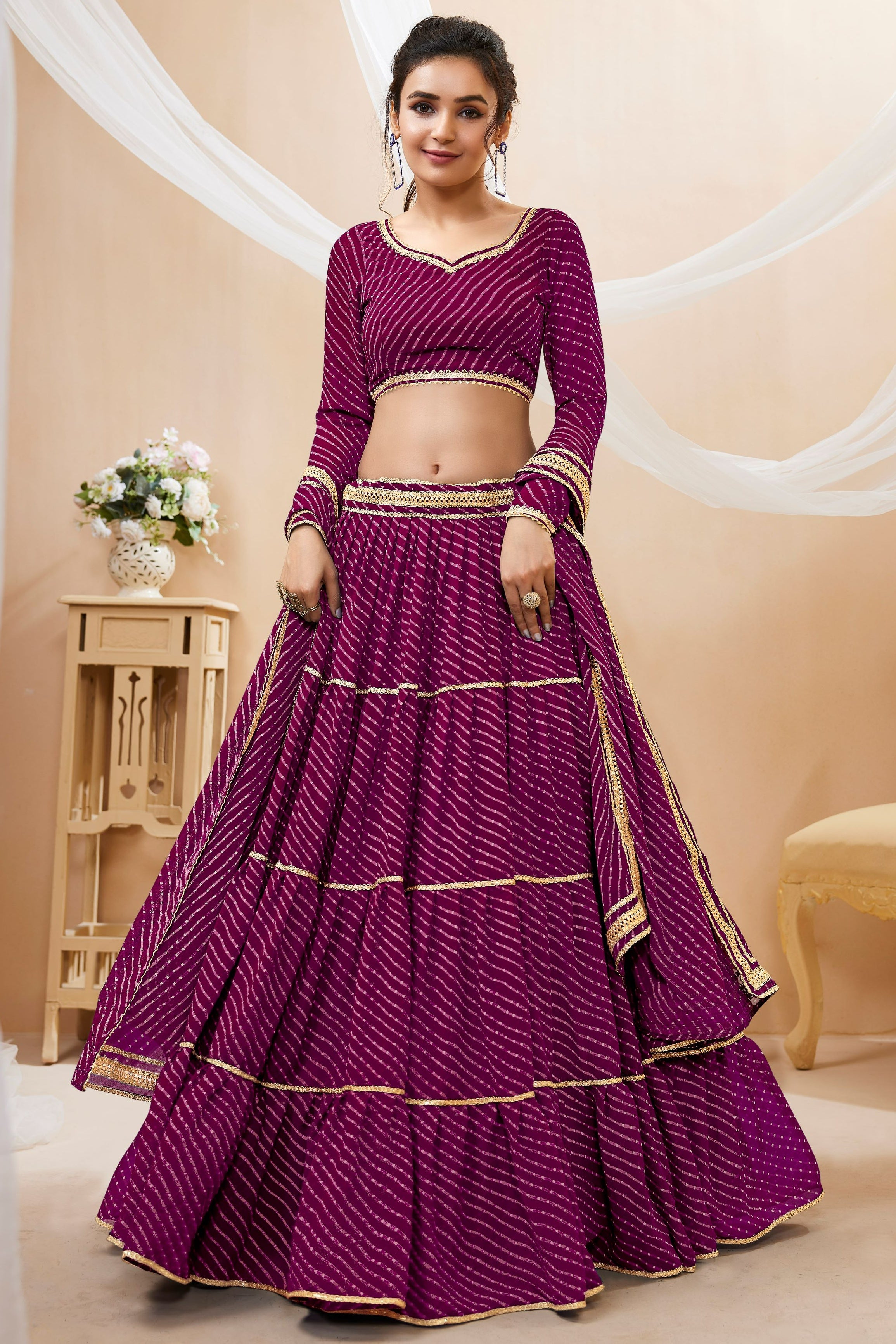 Purple Georgette Full Sleeve Lehenga Choli For Indian & Pakistani Wedding Festival - Print Work