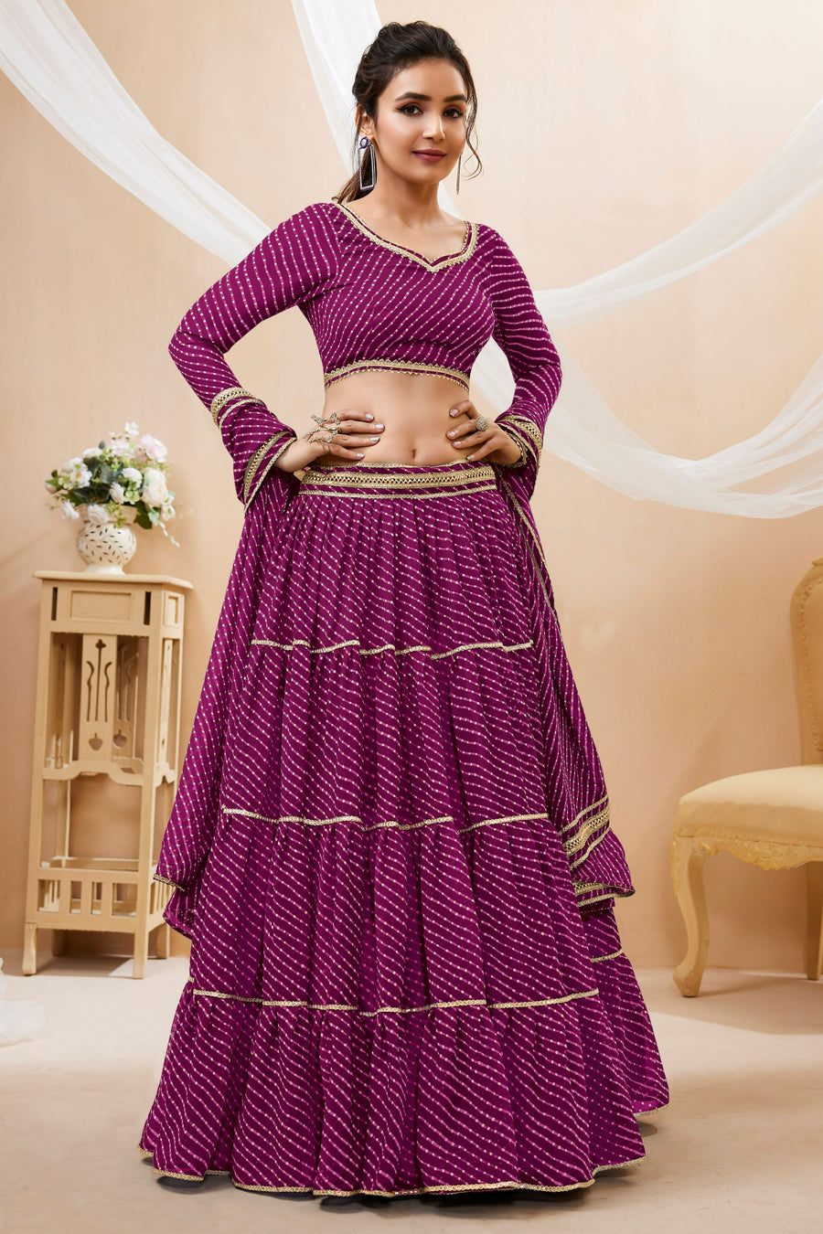 Purple Georgette Full Sleeve Lehenga Choli For Indian & Pakistani Wedding Festival - Print Work