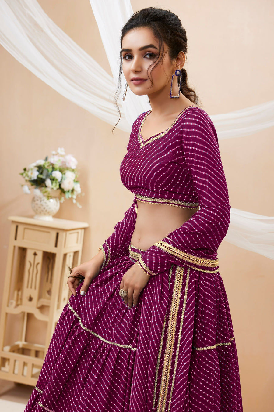 Purple Georgette Full Sleeve Lehenga Choli For Indian & Pakistani Wedding Festival - Print Work