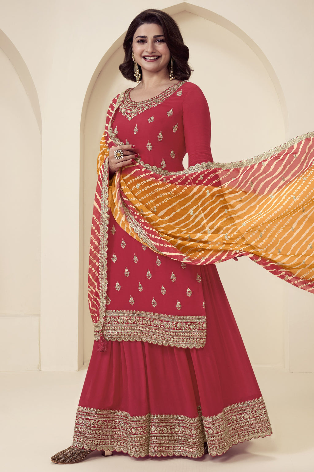 Red Chinon Silk Palazzo Suit For Indian Wedding & Pakistani Festival - Embroidery Work, Print Work