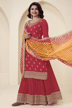 Red Chinon Silk Palazzo Suit For Indian Wedding & Pakistani Festival - Embroidery Work, Print Work