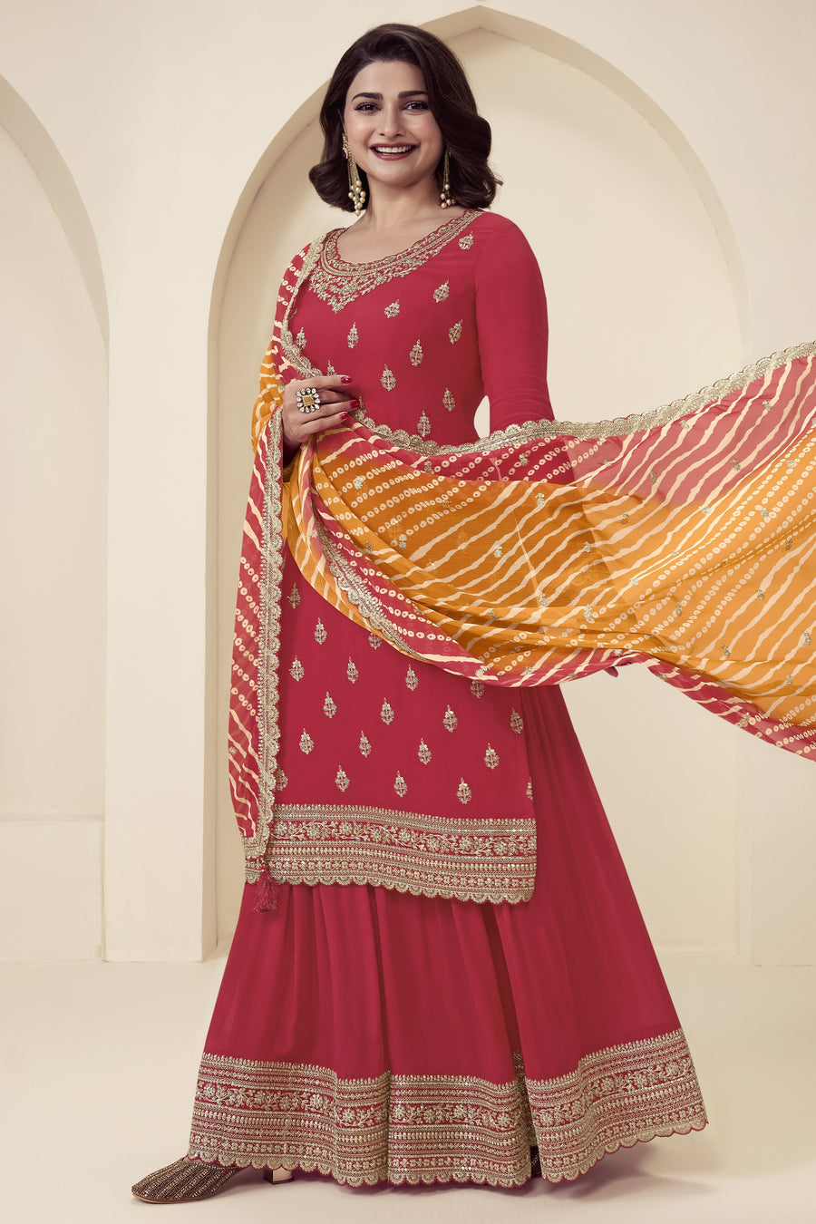 Red Chinon Silk Palazzo Suit For Indian Wedding & Pakistani Festival - Embroidery Work, Print Work