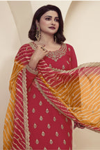 Red Chinon Silk Palazzo Suit For Indian Wedding & Pakistani Festival - Embroidery Work, Print Work