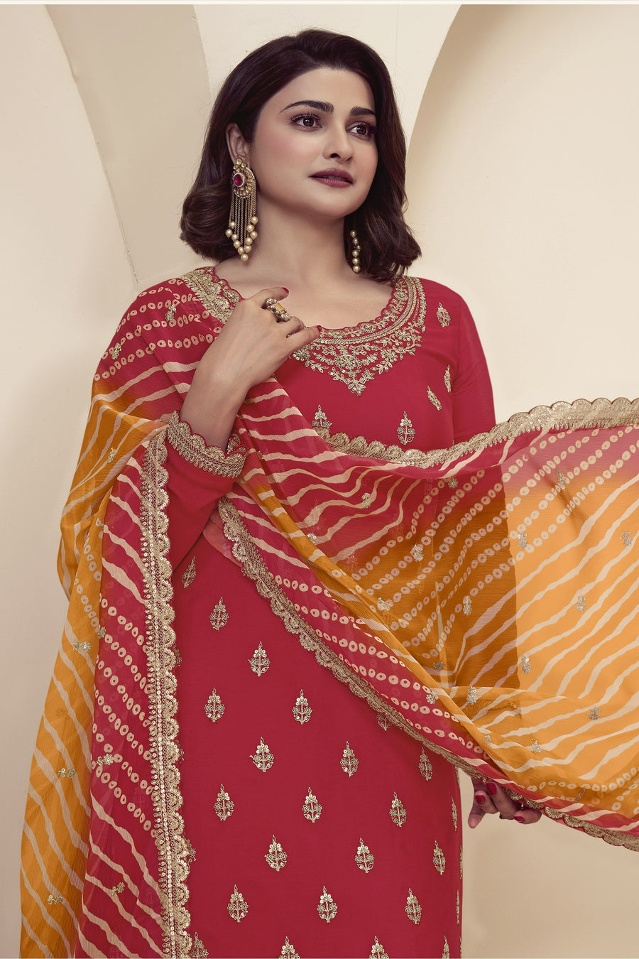 Red Chinon Silk Palazzo Suit For Indian Wedding & Pakistani Festival - Embroidery Work, Print Work
