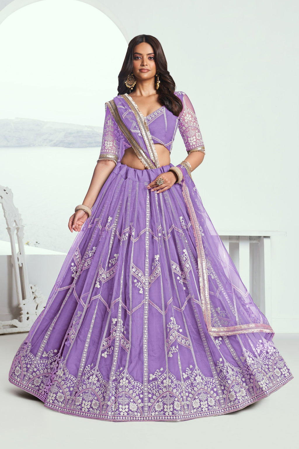 Lavender Net Lehenga Choli For Indian & Pakistani Wedding Festival - Thread Embroidery Work, Sequence Embroidery Work