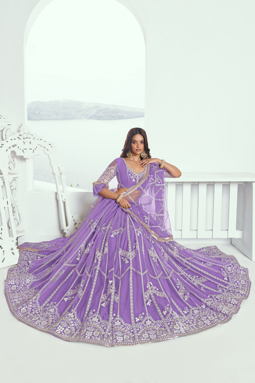 Lavender Net Lehenga Choli For Indian & Pakistani Wedding Festival - Thread Embroidery Work, Sequence Embroidery Work