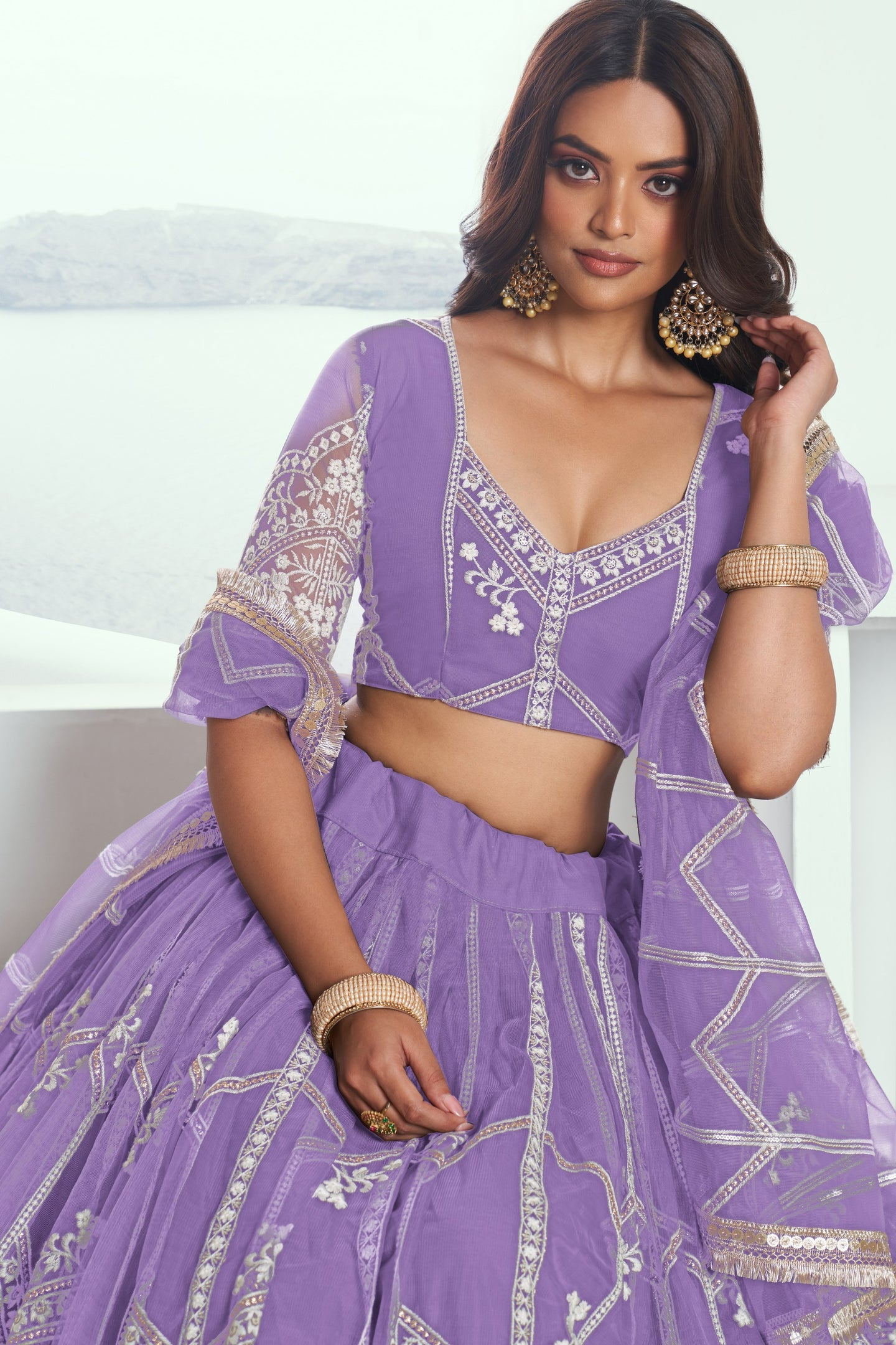 Lavender Net Lehenga Choli For Indian & Pakistani Wedding Festival - Thread Embroidery Work, Sequence Embroidery Work