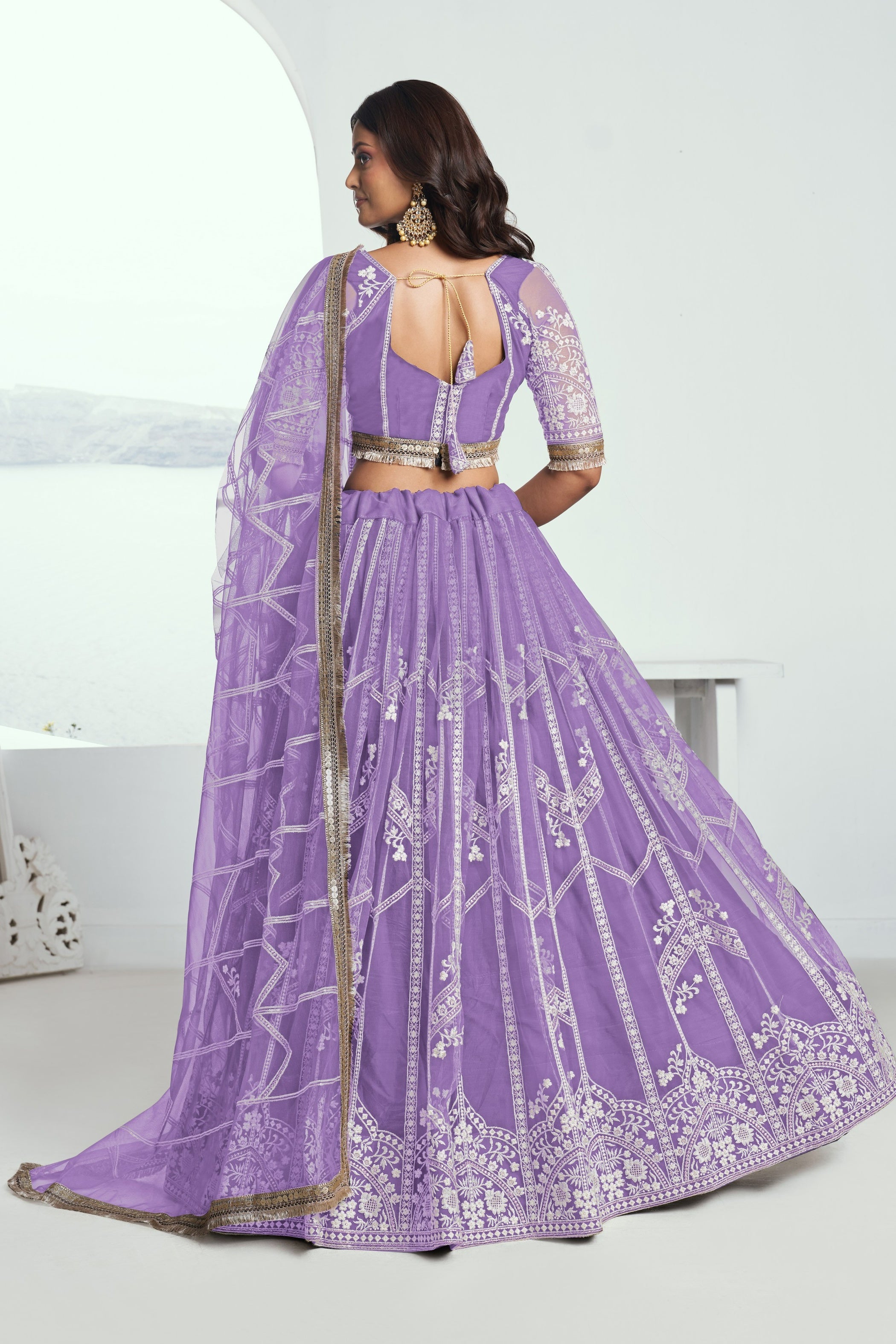 Lavender Net Lehenga Choli For Indian & Pakistani Wedding Festival - Thread Embroidery Work, Sequence Embroidery Work