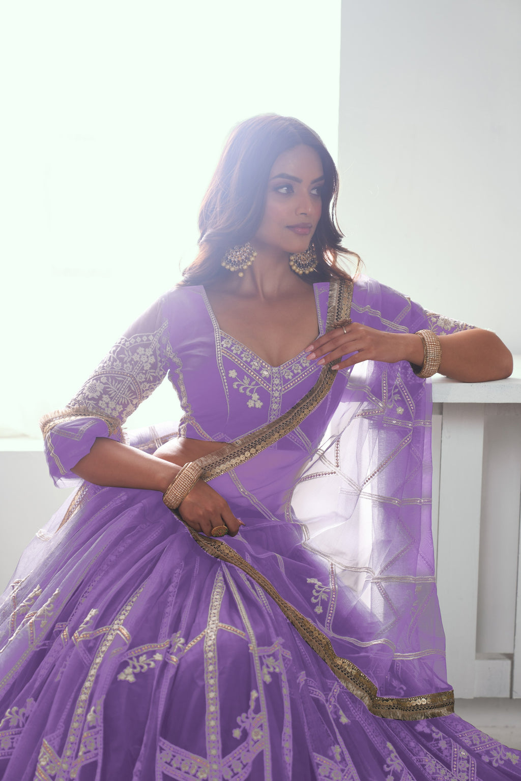 Lavender Net Lehenga Choli For Indian & Pakistani Wedding Festival - Thread Embroidery Work, Sequence Embroidery Work