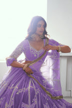 Lavender Net Lehenga Choli For Indian & Pakistani Wedding Festival - Thread Embroidery Work, Sequence Embroidery Work