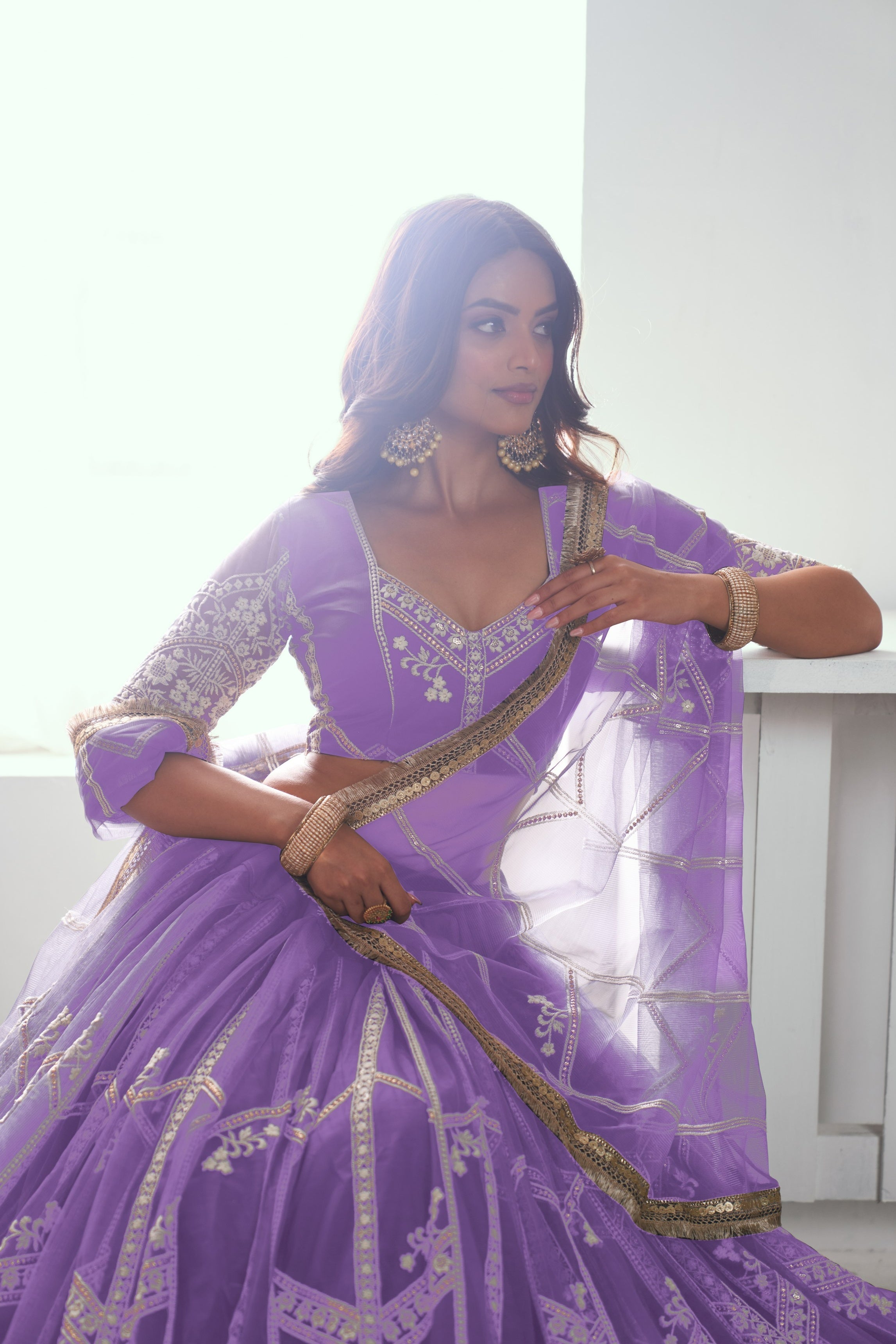 Lavender Net Lehenga Choli For Indian & Pakistani Wedding Festival - Thread Embroidery Work, Sequence Embroidery Work