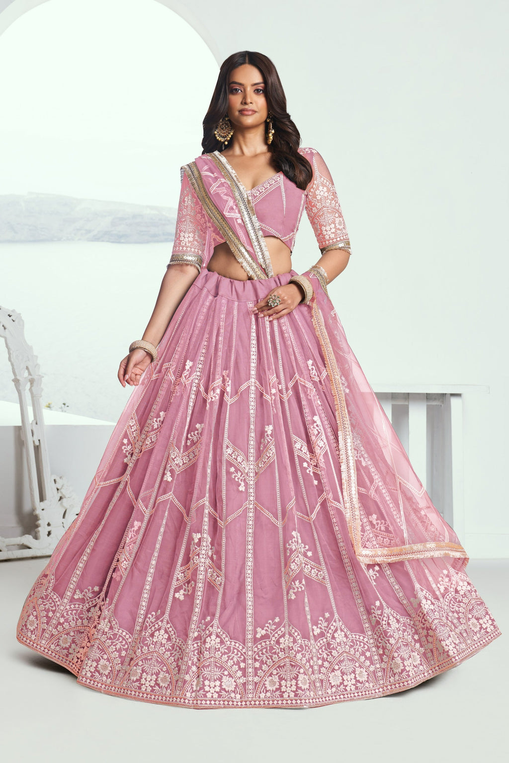 Pink Net Lehenga Choli For Indian & Pakistani Wedding Festival - Thread Embroidery Work, Sequence Embroidery Work