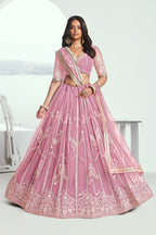 Pink Net Lehenga Choli For Indian & Pakistani Wedding Festival - Thread Embroidery Work, Sequence Embroidery Work