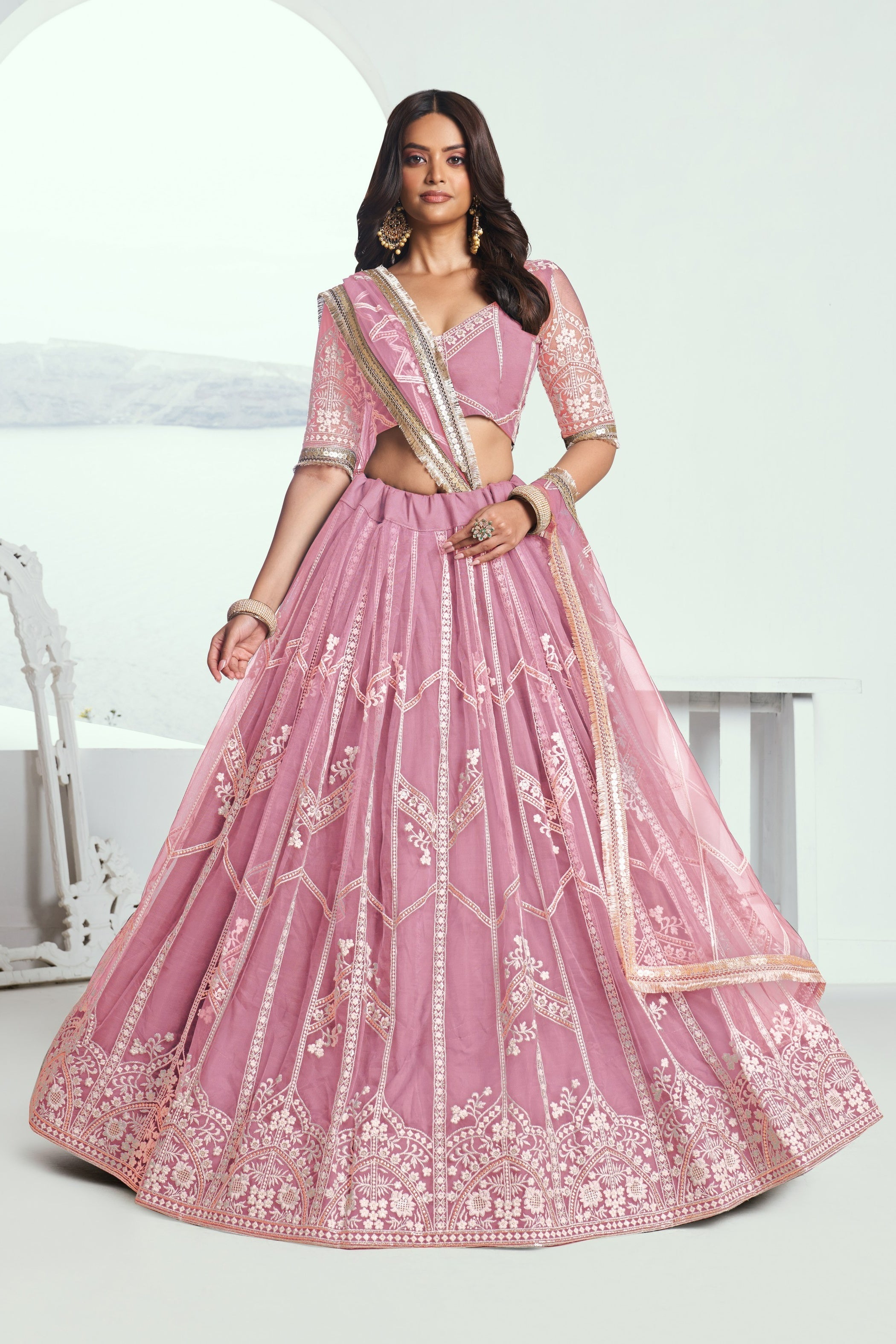 Pink Net Lehenga Choli For Indian & Pakistani Wedding Festival - Thread Embroidery Work, Sequence Embroidery Work