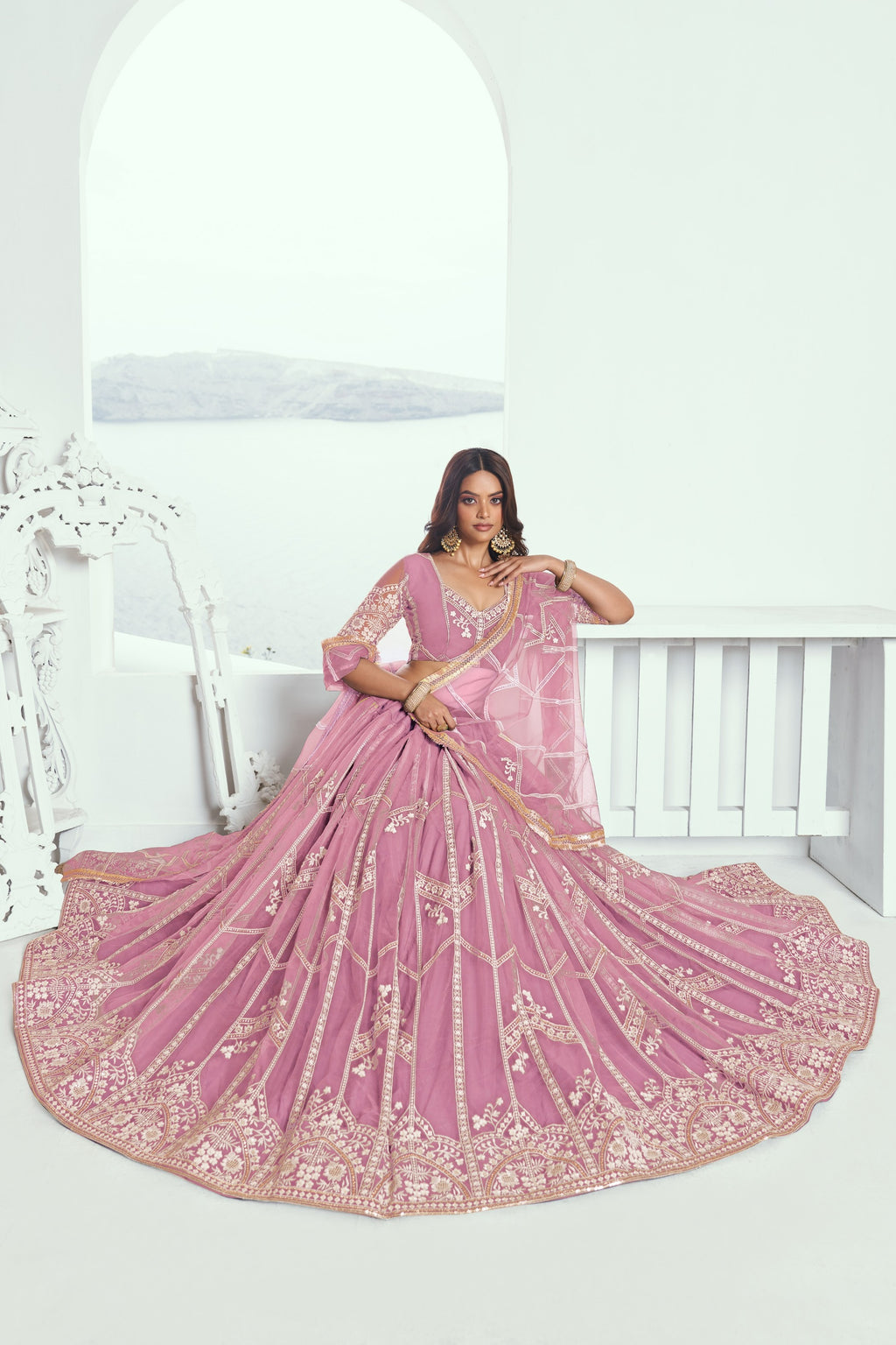 Pink Net Lehenga Choli For Indian & Pakistani Wedding Festival - Thread Embroidery Work, Sequence Embroidery Work