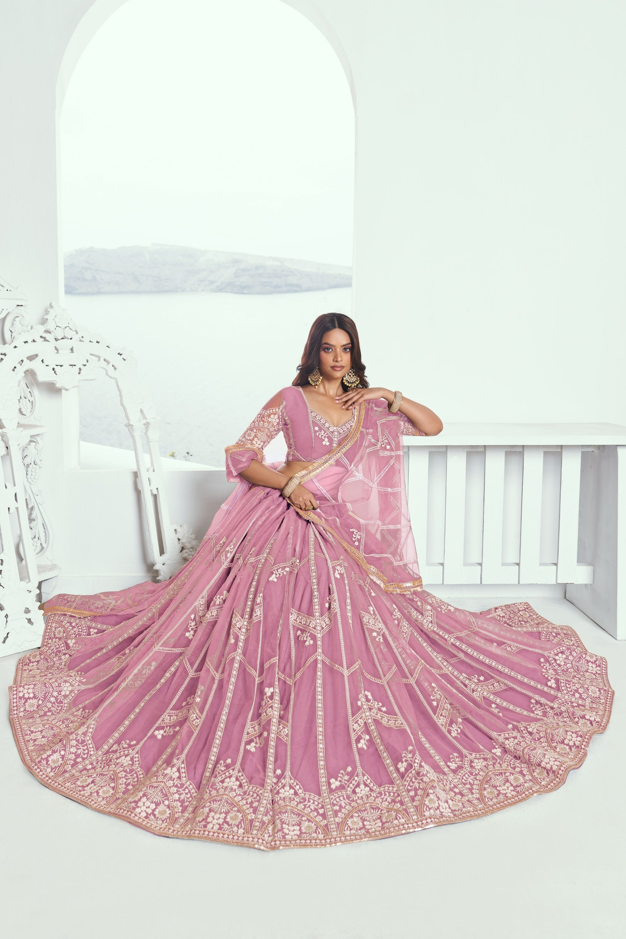 Pink Net Lehenga Choli For Indian & Pakistani Wedding Festival - Thread Embroidery Work, Sequence Embroidery Work