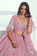 Pink Net Lehenga Choli For Indian & Pakistani Wedding Festival - Thread Embroidery Work, Sequence Embroidery Work