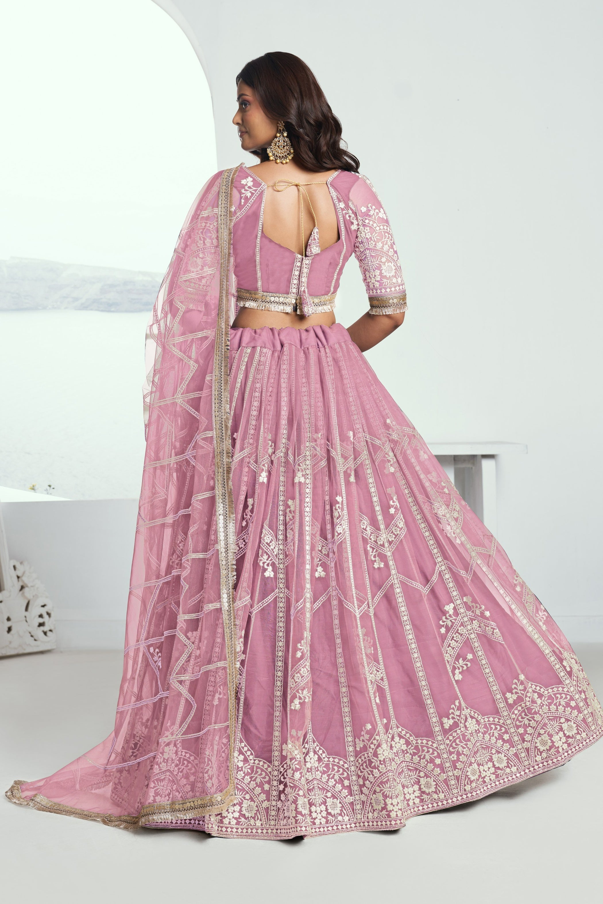Pink Net Lehenga Choli For Indian & Pakistani Wedding Festival - Thread Embroidery Work, Sequence Embroidery Work