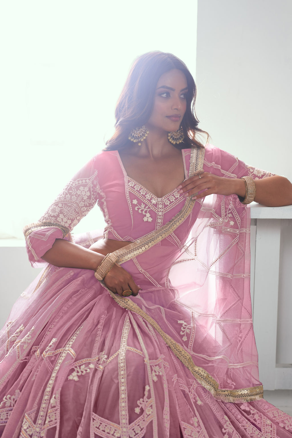 Pink Net Lehenga Choli For Indian & Pakistani Wedding Festival - Thread Embroidery Work, Sequence Embroidery Work