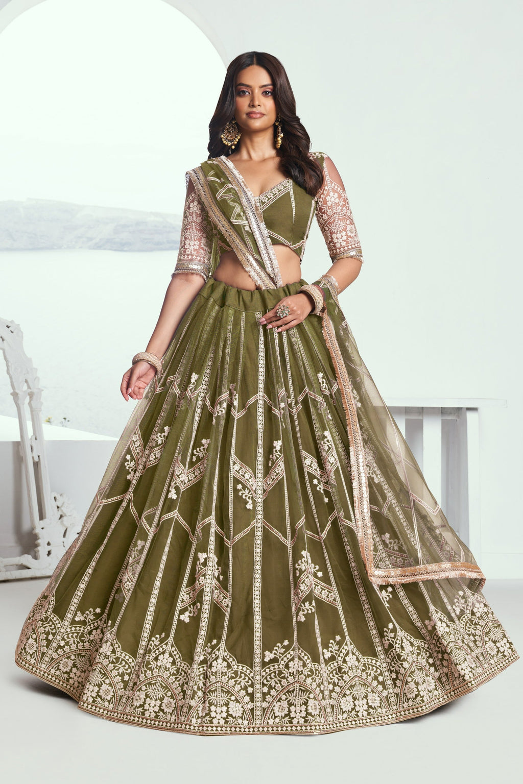 Green Net Lehenga Choli For Indian & Pakistani Wedding Festival - Thread Embroidery Work, Sequence Embroidery Work