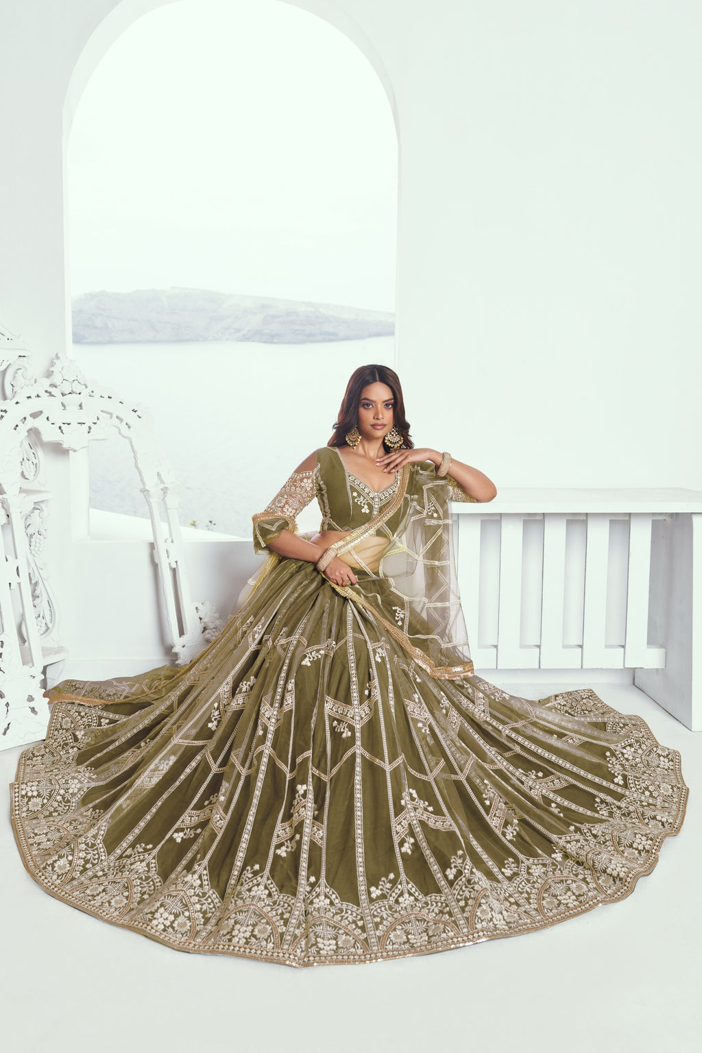 Green Net Lehenga Choli For Indian & Pakistani Wedding Festival - Thread Embroidery Work, Sequence Embroidery Work