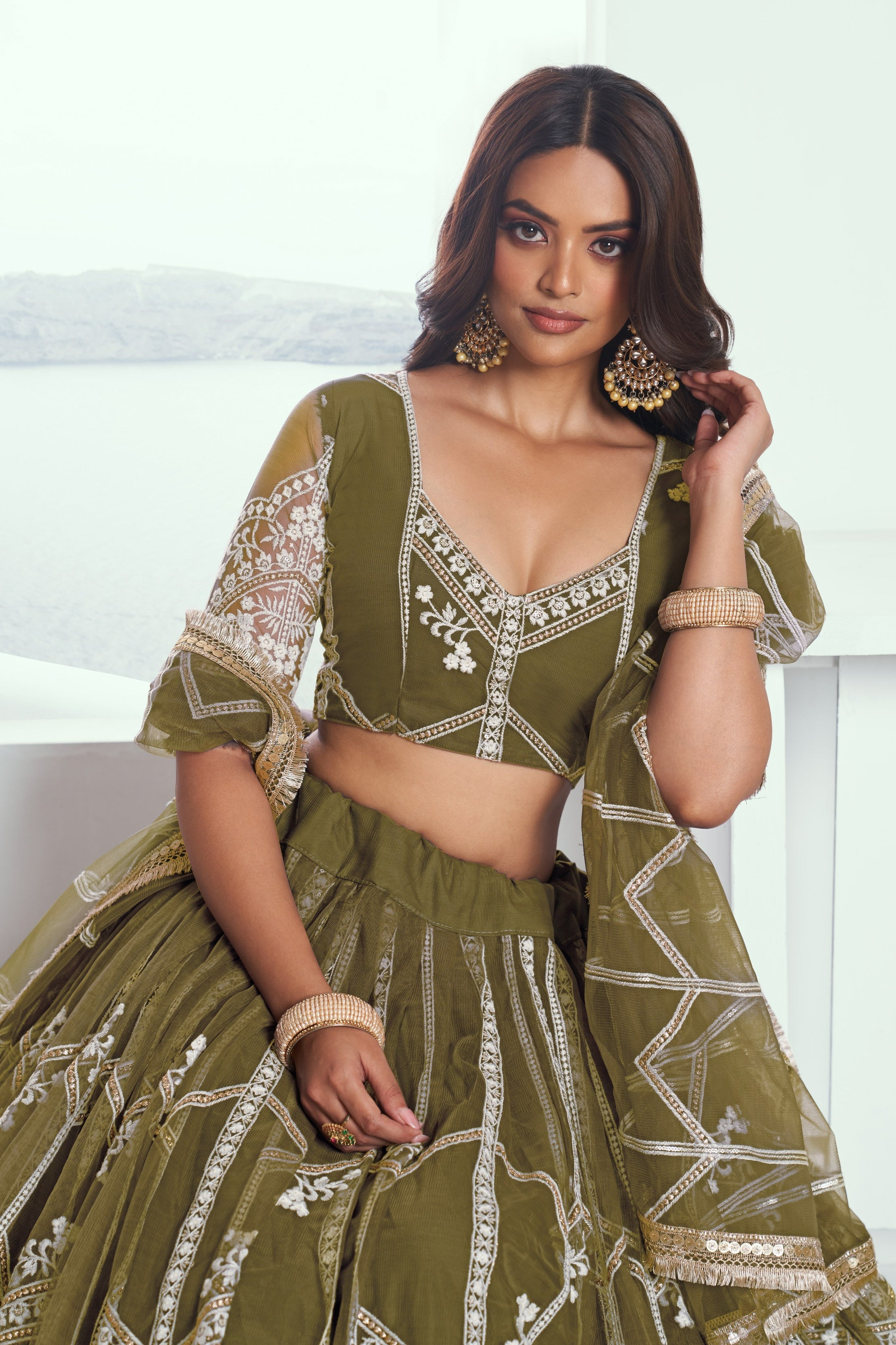 Green Net Lehenga Choli For Indian & Pakistani Wedding Festival - Thread Embroidery Work, Sequence Embroidery Work