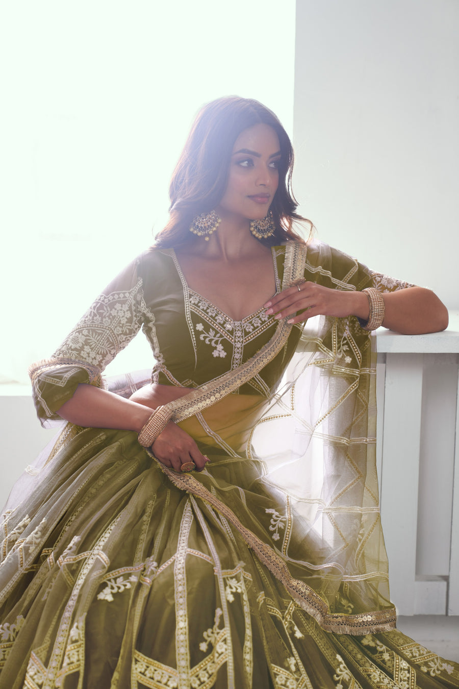 Green Net Lehenga Choli For Indian & Pakistani Wedding Festival - Thread Embroidery Work, Sequence Embroidery Work