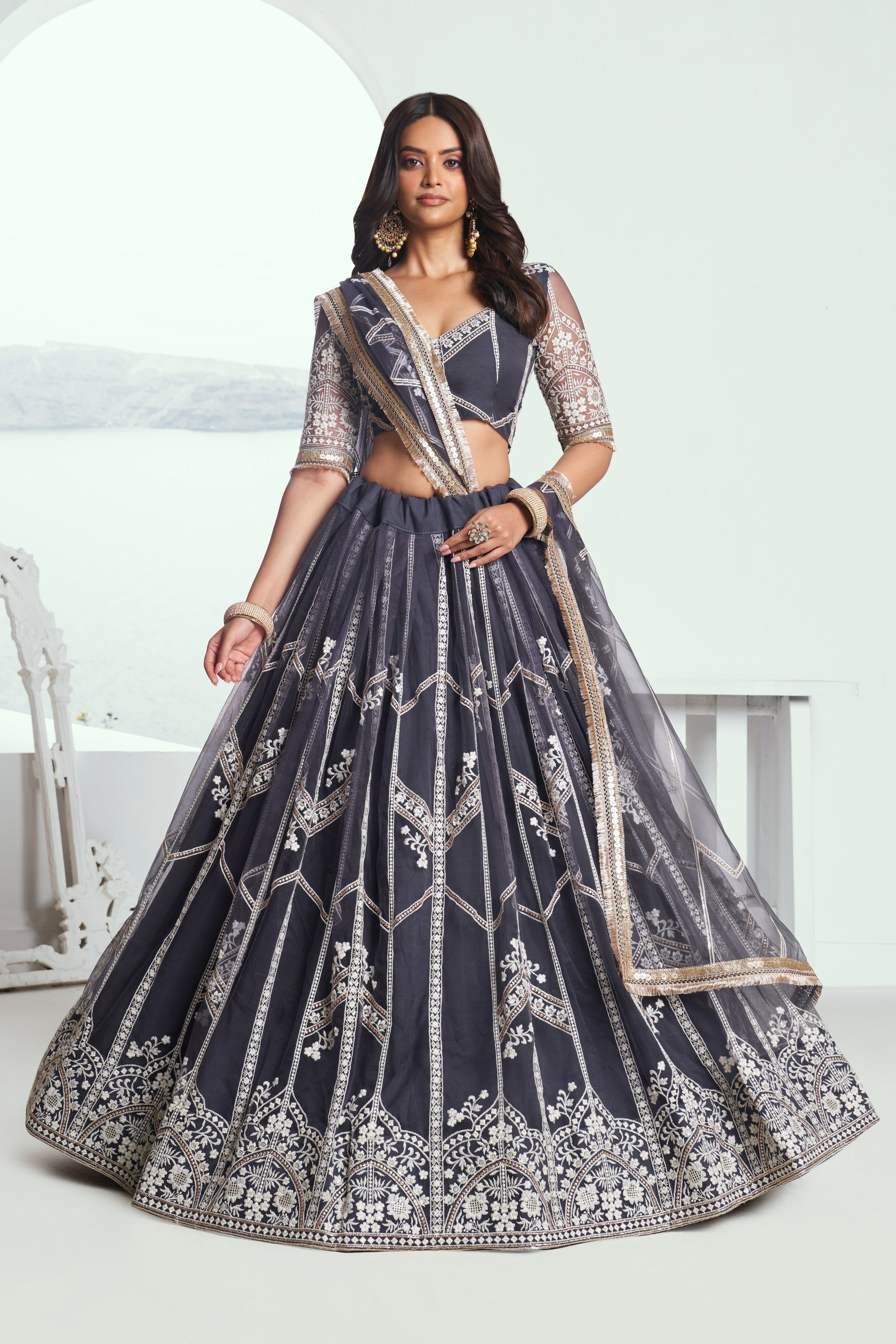 Grey Net Lehenga Choli For Indian & Pakistani Wedding Festival - Thread Embroidery Work, Sequence Embroidery Work