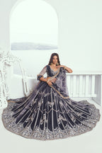 Grey Net Lehenga Choli For Indian & Pakistani Wedding Festival - Thread Embroidery Work, Sequence Embroidery Work