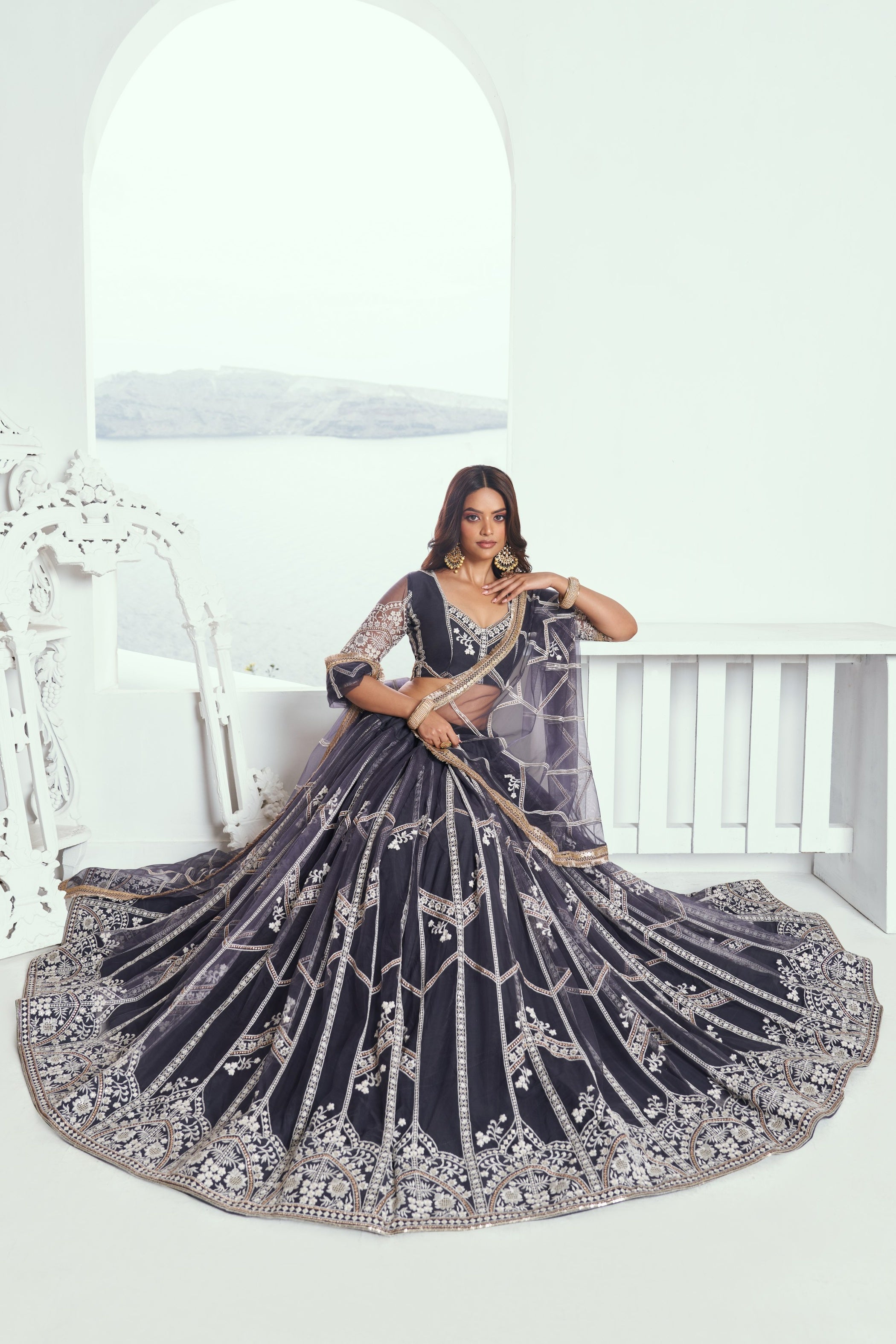 Grey Net Lehenga Choli For Indian & Pakistani Wedding Festival - Thread Embroidery Work, Sequence Embroidery Work