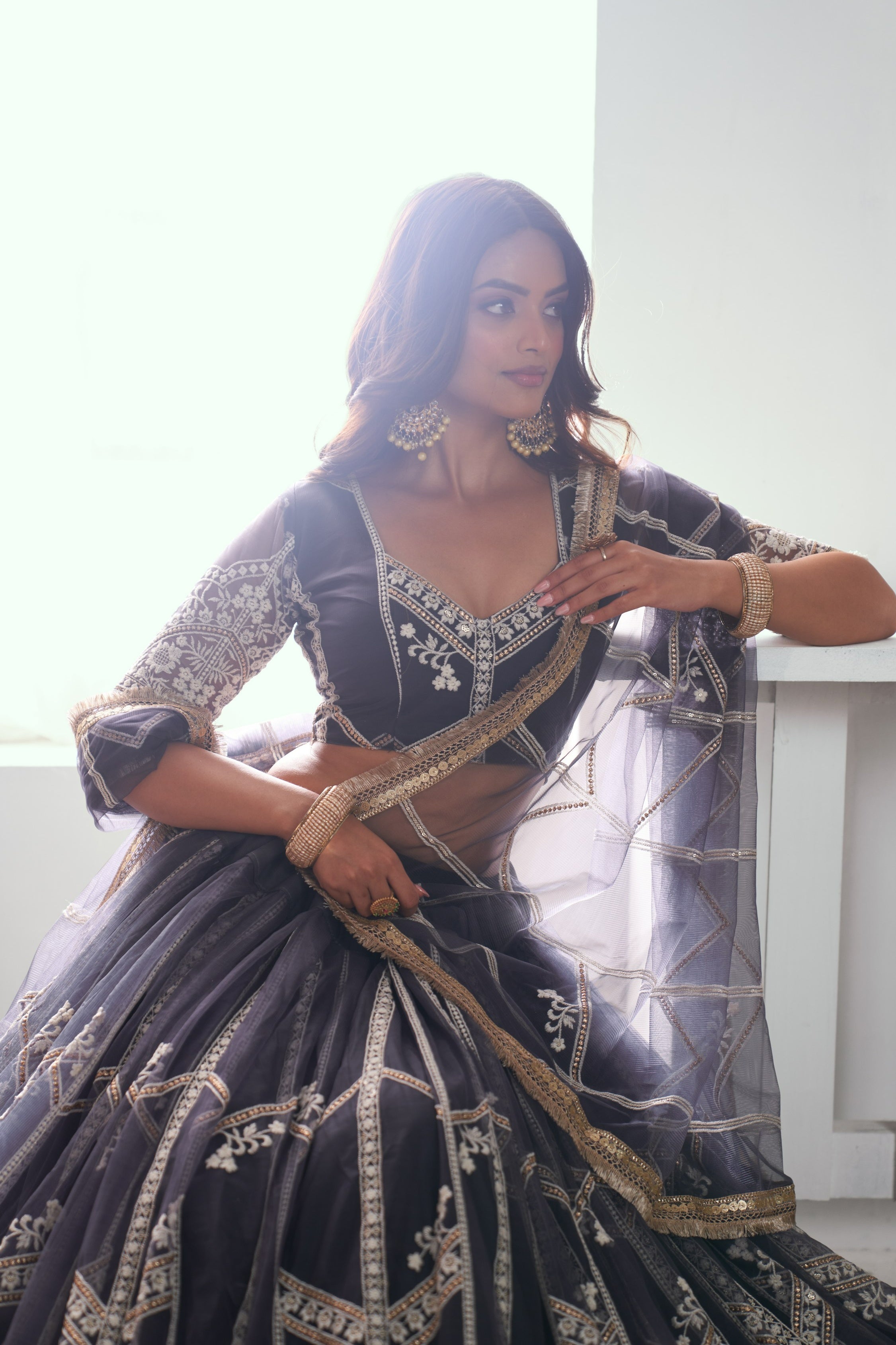 Grey Net Lehenga Choli For Indian & Pakistani Wedding Festival - Thread Embroidery Work, Sequence Embroidery Work