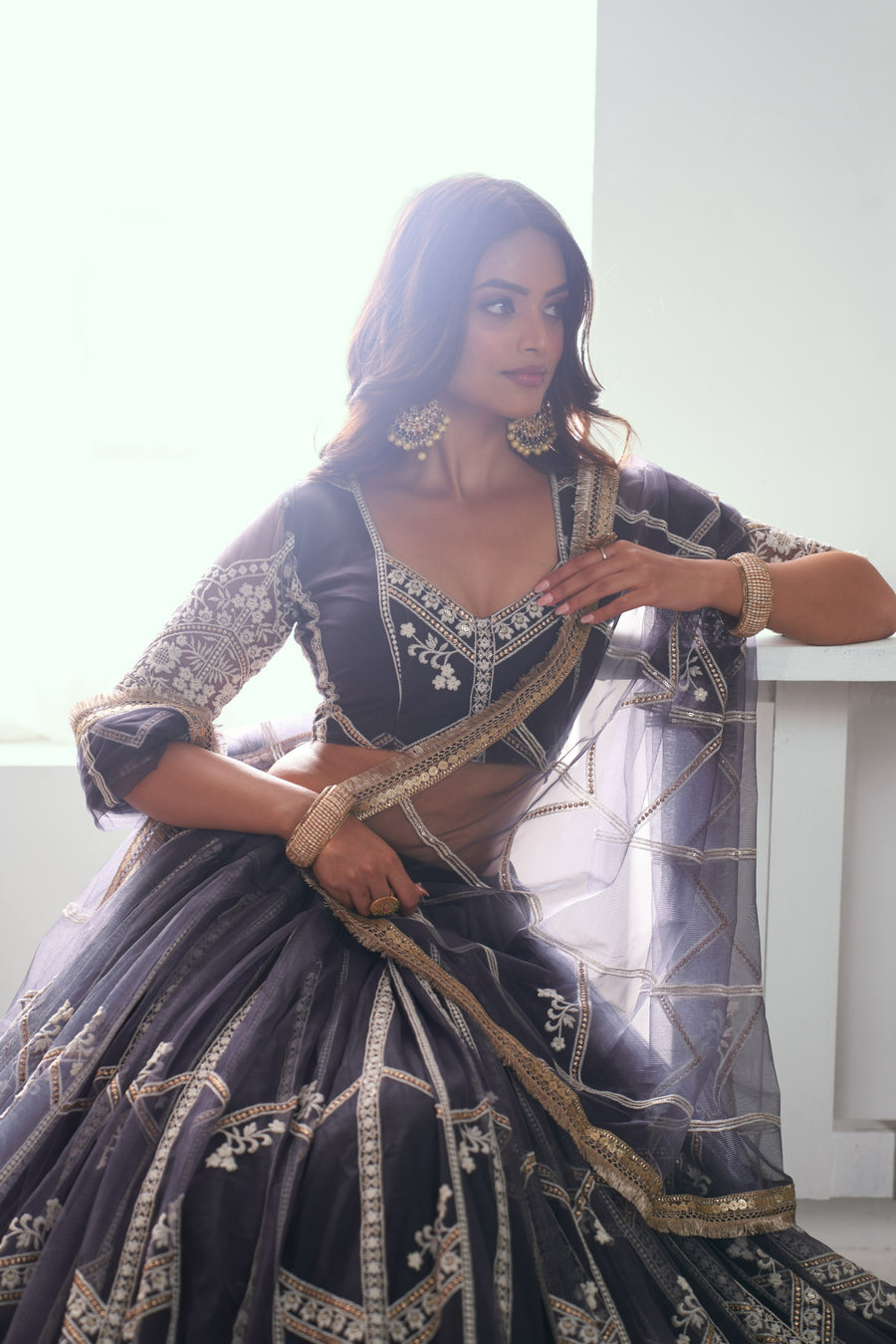 Grey Net Lehenga Choli For Indian & Pakistani Wedding Festival - Thread Embroidery Work, Sequence Embroidery Work