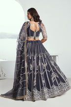 Grey Net Lehenga Choli For Indian & Pakistani Wedding Festival - Thread Embroidery Work, Sequence Embroidery Work