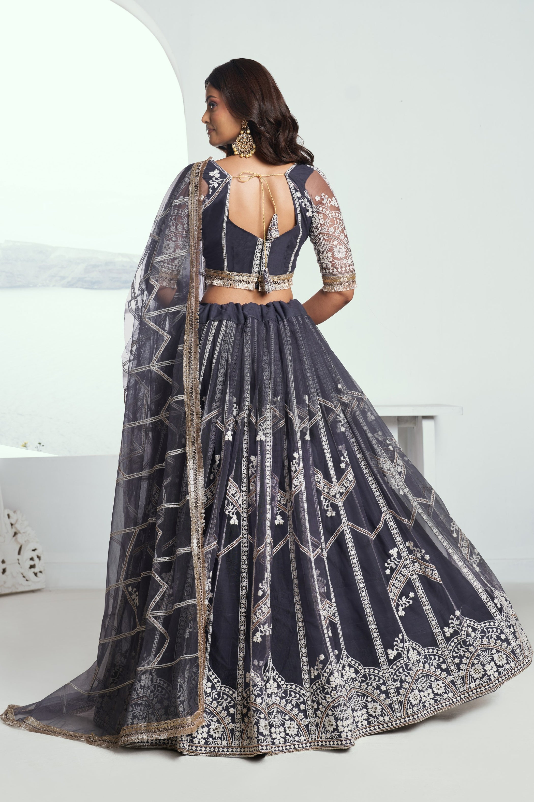 Grey Net Lehenga Choli For Indian & Pakistani Wedding Festival - Thread Embroidery Work, Sequence Embroidery Work