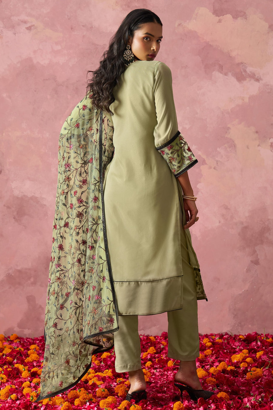 Olive Green Georgette Kameez With Pant For Indian & Pakistani Wedding Festival - Embroidery Work