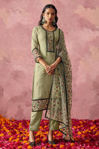 Olive Green Georgette Kameez With Pant For Indian & Pakistani Wedding Festival - Embroidery Work