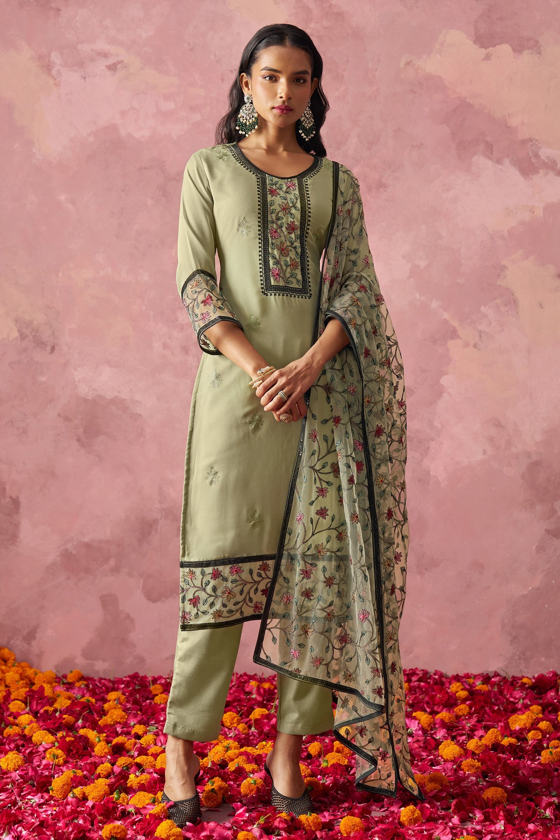 Olive Green Georgette Kameez With Pant For Indian & Pakistani Wedding Festival - Embroidery Work