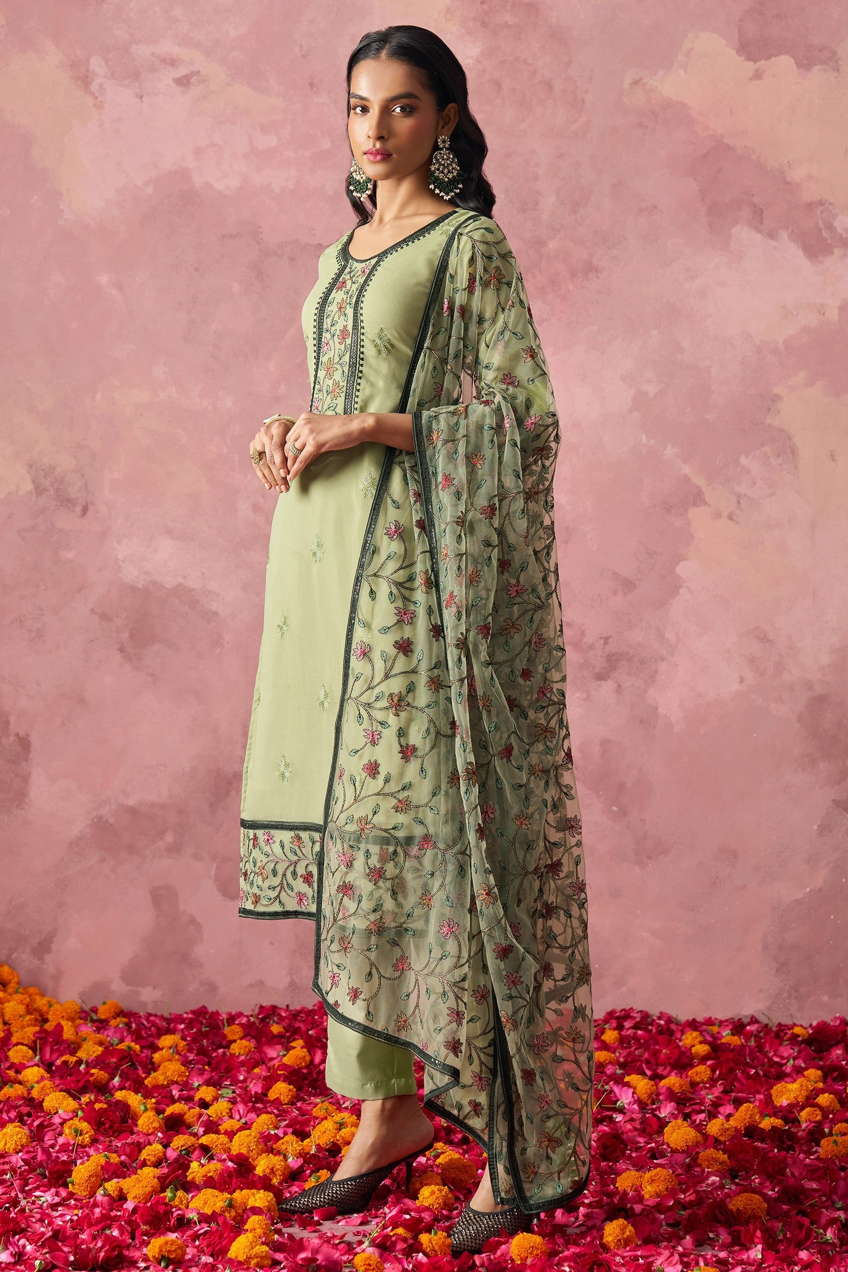 Olive Green Georgette Kameez With Pant For Indian & Pakistani Wedding Festival - Embroidery Work