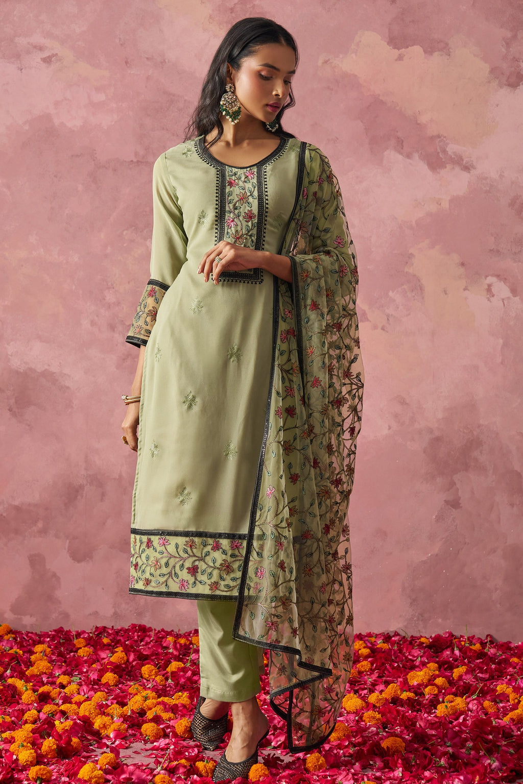Olive Green Georgette Kameez With Pant For Indian & Pakistani Wedding Festival - Embroidery Work