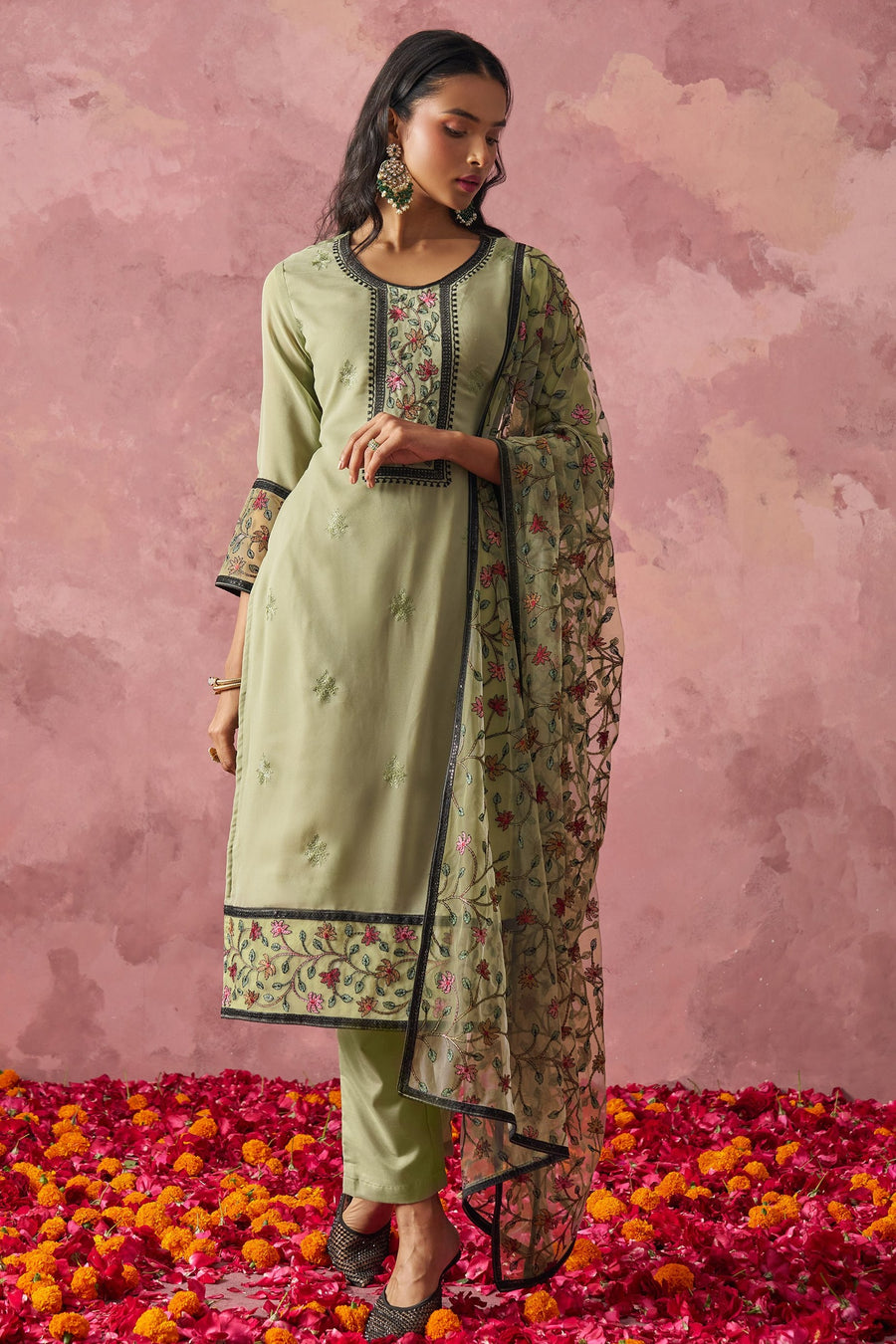 Olive Green Georgette Kameez With Pant For Indian & Pakistani Wedding Festival - Embroidery Work