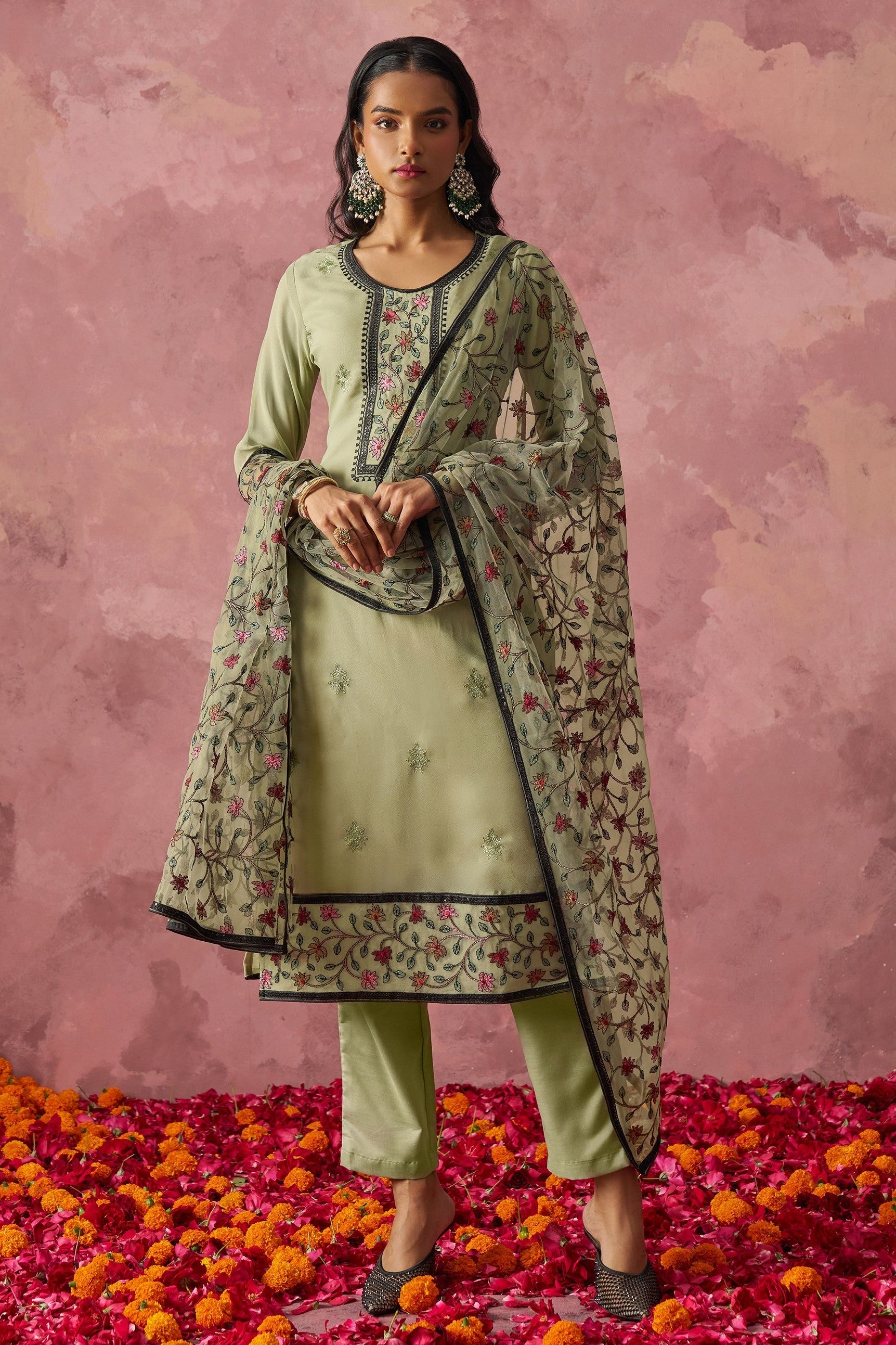 Olive Green Georgette Kameez With Pant For Indian & Pakistani Wedding Festival - Embroidery Work