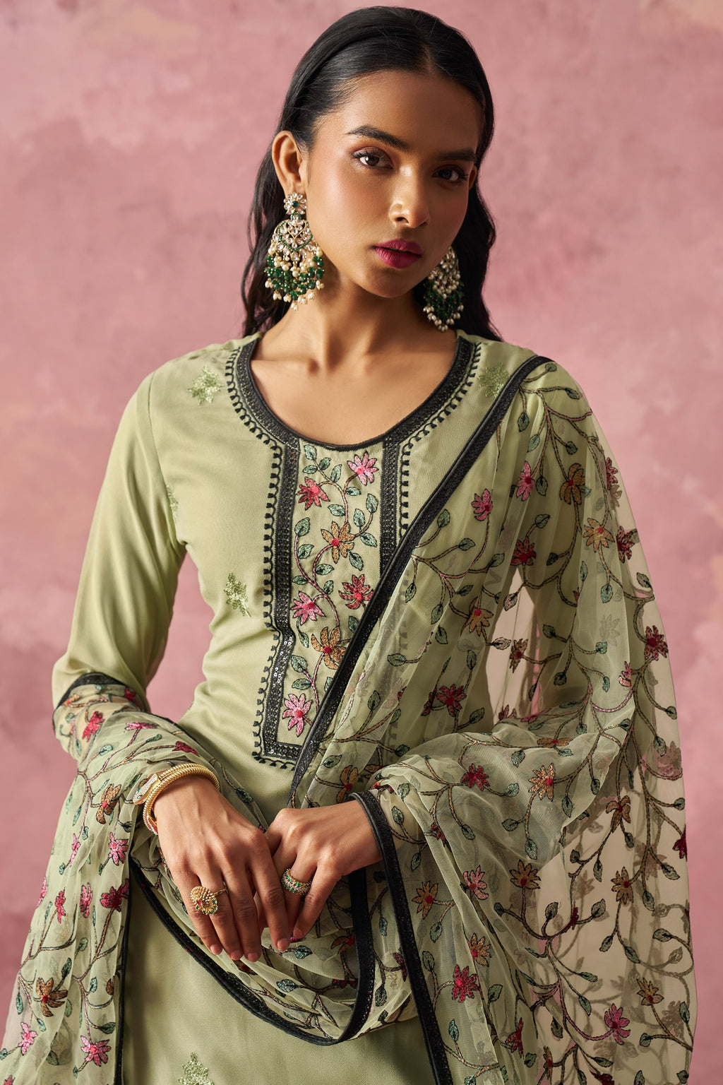 Olive Green Georgette Kameez With Pant For Indian & Pakistani Wedding Festival - Embroidery Work