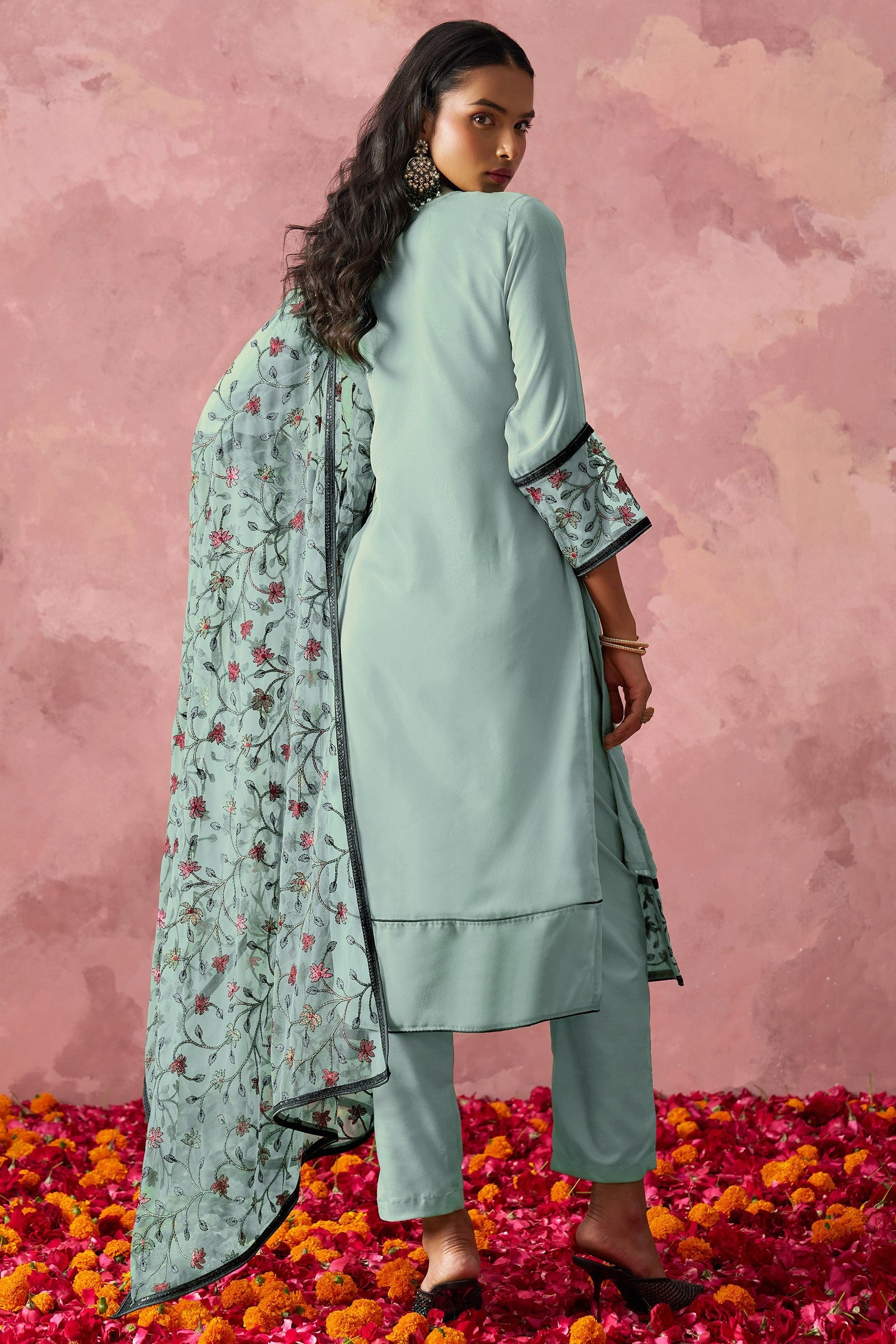 Turquoise Georgette Kameez With Pant For Indian & Pakistani Wedding Festival - Embroidery Work