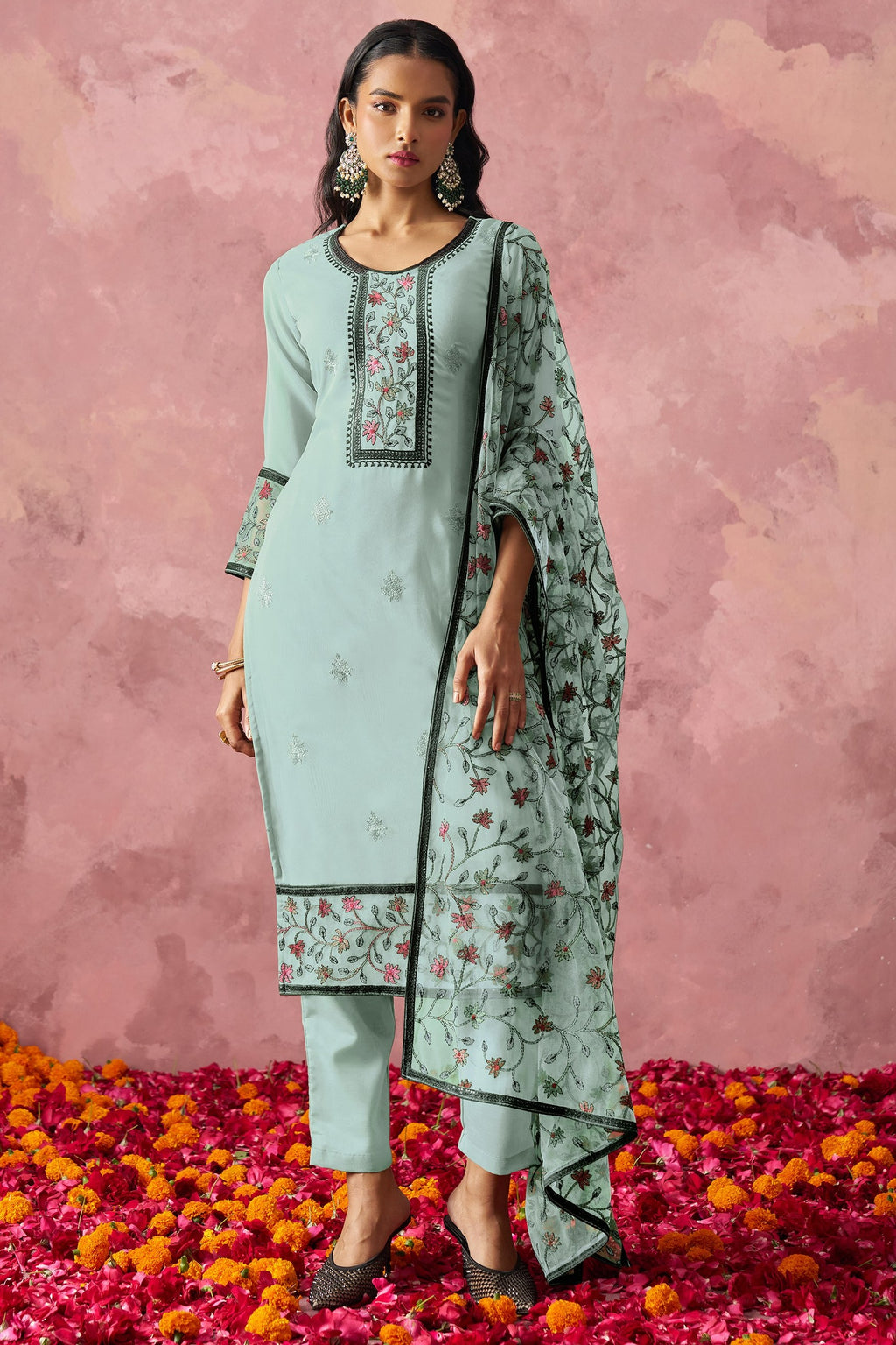Turquoise Georgette Kameez With Pant For Indian & Pakistani Wedding Festival - Embroidery Work