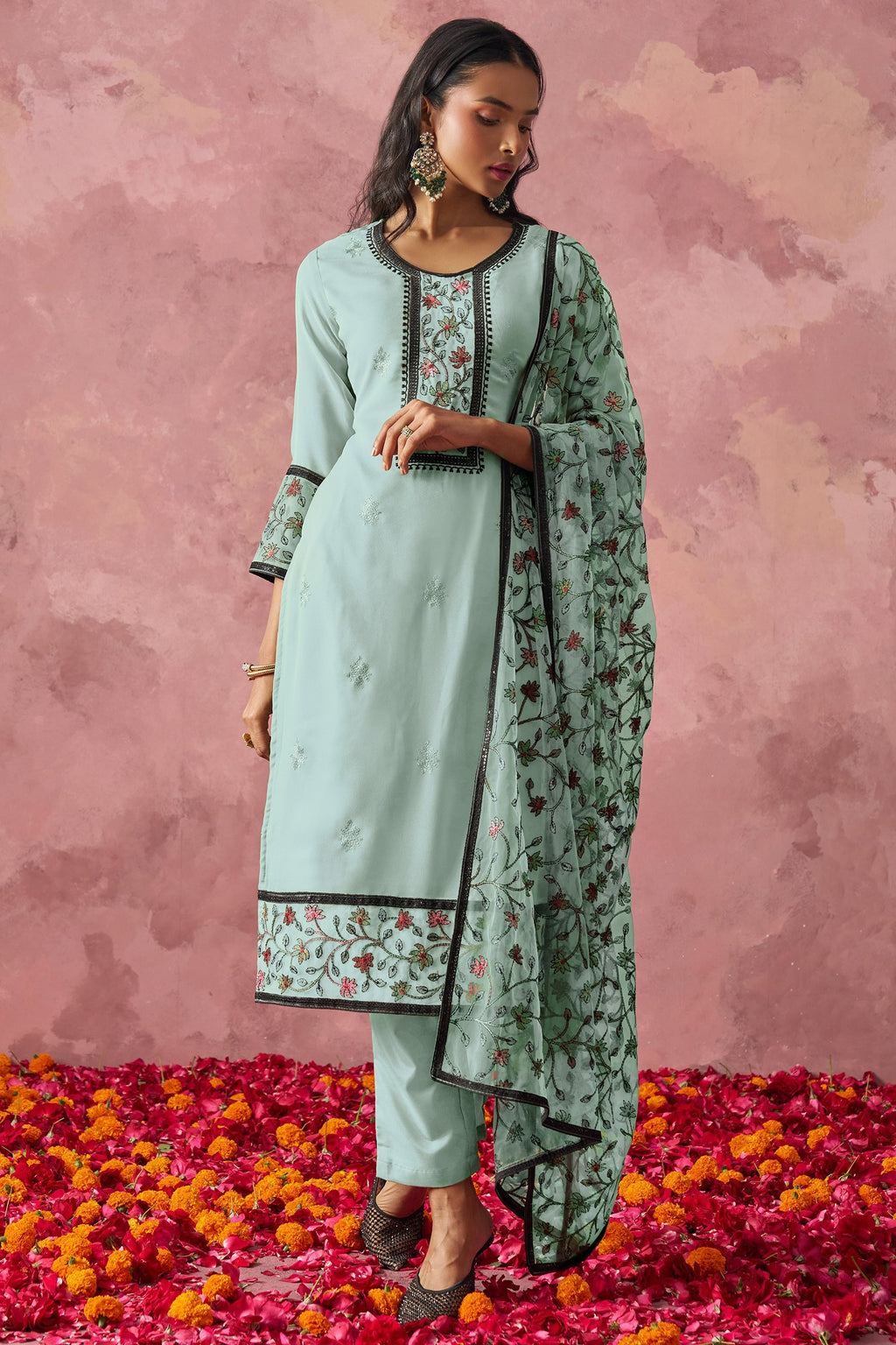 Turquoise Georgette Kameez With Pant For Indian & Pakistani Wedding Festival - Embroidery Work