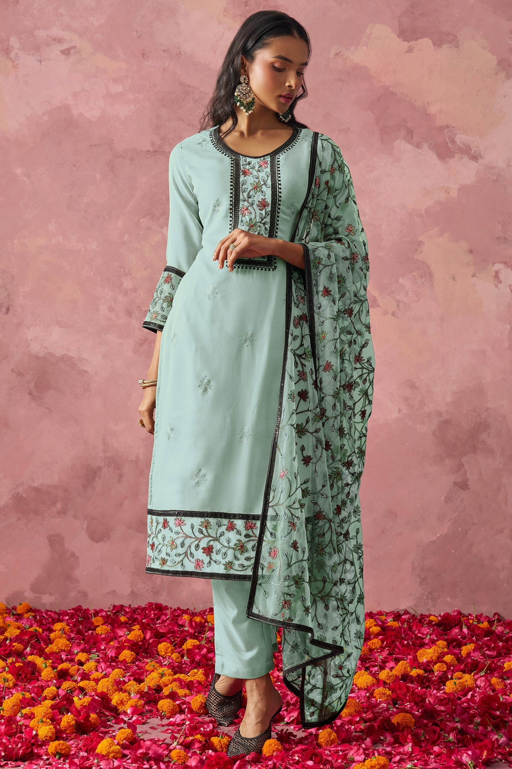 Turquoise Georgette Kameez With Pant For Indian & Pakistani Wedding Festival - Embroidery Work