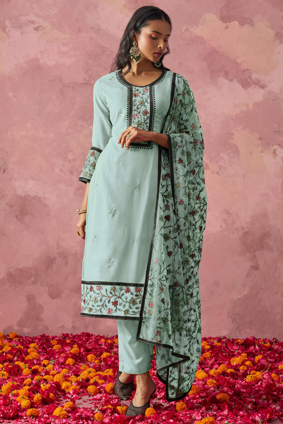 Turquoise Georgette Kameez With Pant For Indian & Pakistani Wedding Festival - Embroidery Work