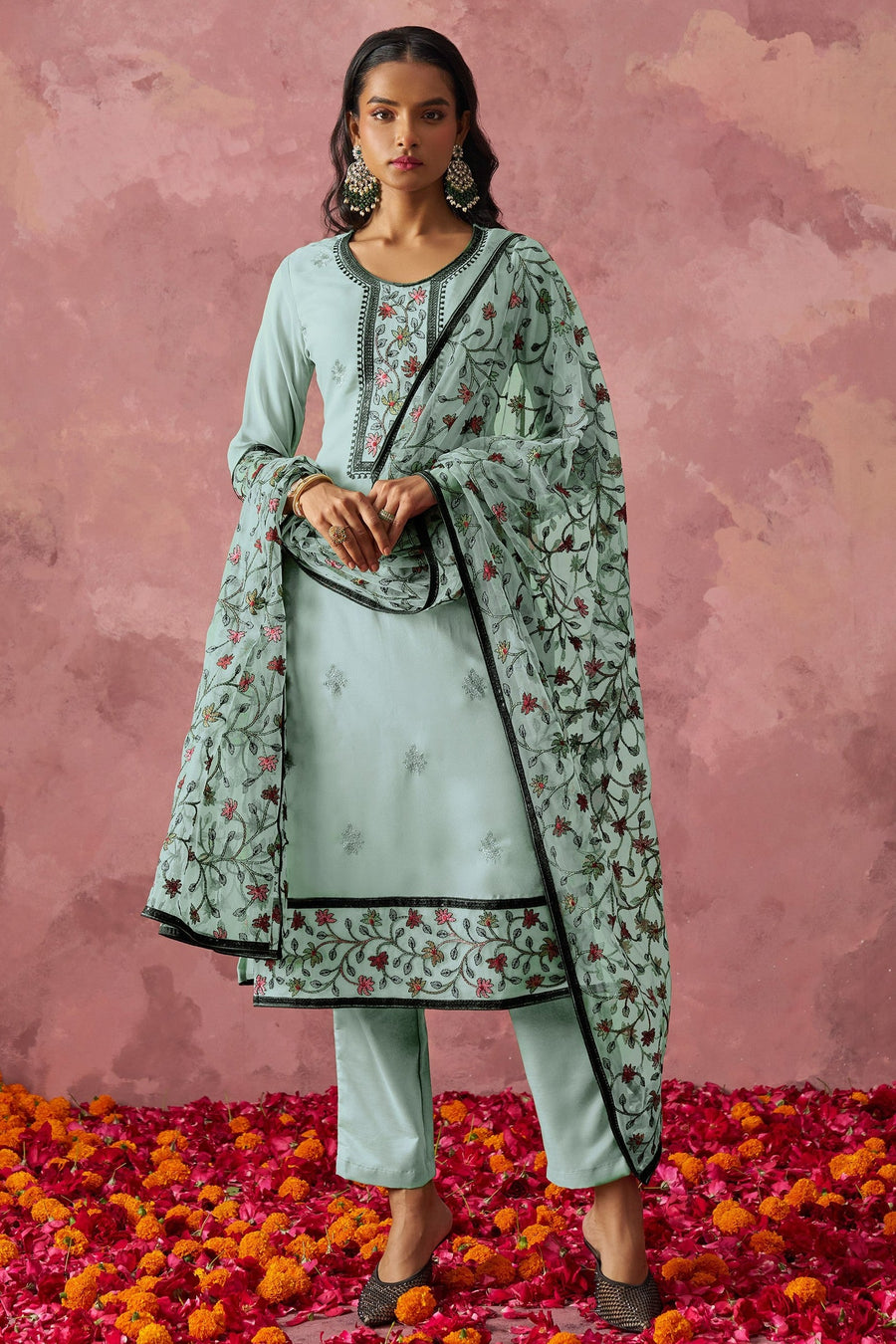 Turquoise Georgette Kameez With Pant For Indian & Pakistani Wedding Festival - Embroidery Work