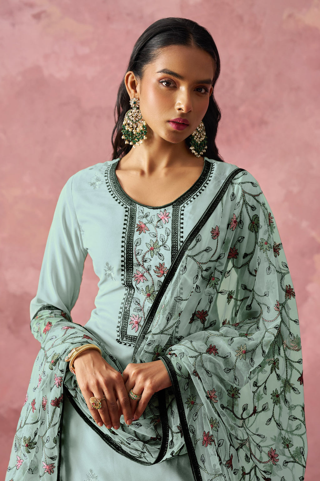 Turquoise Georgette Kameez With Pant For Indian & Pakistani Wedding Festival - Embroidery Work